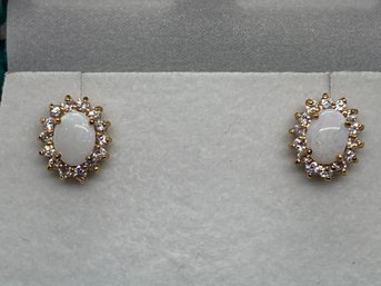 Fine Vintage Sterling Silver Earrings With White Opal Cabochons And Clear Gemstone Haloes