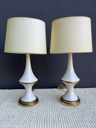 Pair Of Midcentury White Lamps With Brass Details