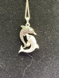 18' Sterling Chain With Two Porpoises  Encrusted With Diamonds