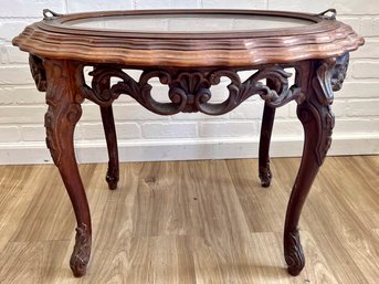 Carved Inlay Table With Glass Top Tray