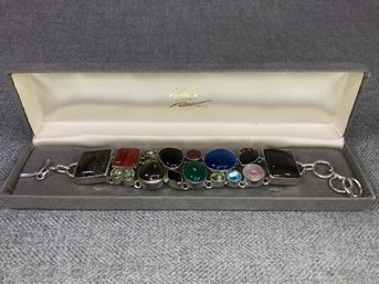 Lovely 925 / Sterling Silver Multi Gemstone Toggle Bracelet - Jade - Labradorite - Peridot - Pink Quartz