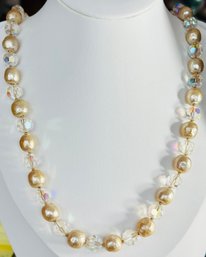VINTAGE AURORA AND FAUX PEARL RHINESTONE NECKLACE