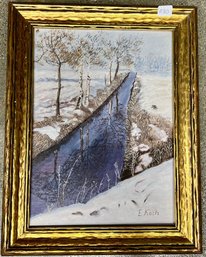 Framed Oil On Artist Board, Irrigation Canal In Winter, Signed E. Koch