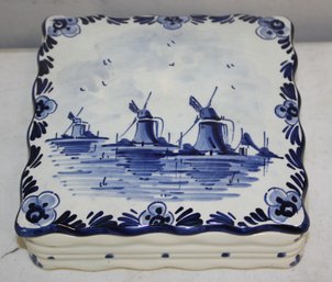 Vintage Square Delft Blue Hand Painted Ceramic Trinket Box