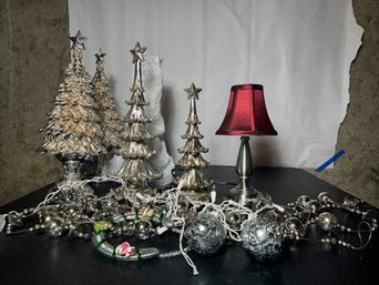 FIVE SILVER CHRISTMAS TREES W/ EXTRAS