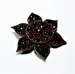 Antique Victorian Sterling Silver Floral Form Bohemian Garnet Brooch