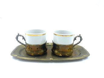 Vintage Pair Of White Monopoli Ceramic Cups W/ Gold Bands, Brass Sleeves, & Tray