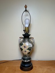 Vintage Hand Painted Floral Lamp With Wooden Ball Finial