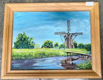 Framed Oil On Artist Board, Windmill, Signed E. Koch