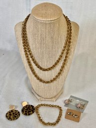 5pc Costume Jewelry Lot - Gold Tone Necklace & Bracelet, 3 Pair Pierced Earrings