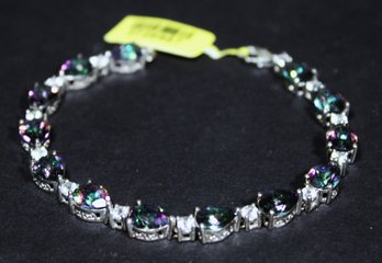 Contemporary Sterling Silver Link Bracelet Rainbow Colored Stones