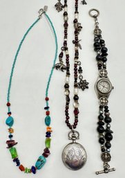 Vintage Peyote Bird: Sterling Silver Necklaces & Bracelet, With Charms, Pearls, Garnet, Turquoise, Onyx & More