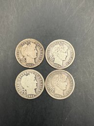 4 Barber Silver Dimes 1902-O, 1909-O, 1908-D, 1912-S