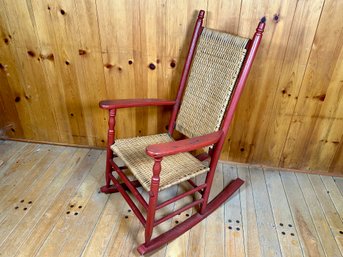 A Beautiful Vintage Wicker & Wood Red Rocking Chair