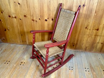 A Beautiful Vintage Wicker & Red Painted Wooden Rocking Chair