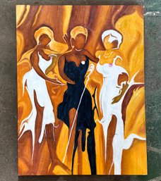 A Large Original Oil On Canvas, Ebony Ladies At A Bar