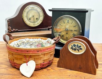 A Pairing Of Vintage Clocks And A Basket