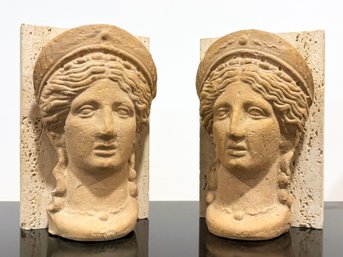 A Pair Of Terra Cotta Figural Bookends On Travertine Marble Mounts