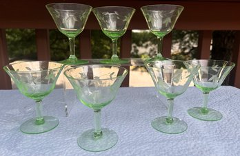 Green Vaseline Uranium Depression Etched Glass Stem Cocktail Glasses 4' Height No Issues