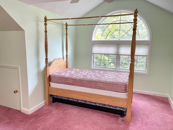 Twin Canopy Bed With Sealy Posturepedic Mattress, Box Spring And Trundle