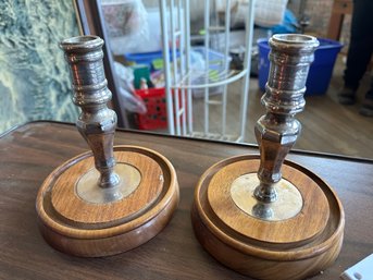 Really Cool Wood And Silver Plate Candlestick Holders