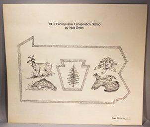 US STAMP AND SIGNED ARTIST PRINT 1981 PENNSYLVANIA CONSERVFATION BY NED SMITH