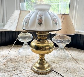 Antique Glass And Brass Oil Lamps - Fitted For Electricity