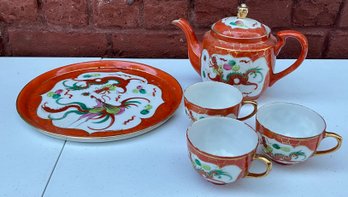 5 Piece Lot Including Dragon Teapot And 3 Dragon Cups And A Dragon Plate.