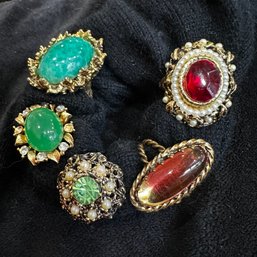 Great Lot Of 5 Fun Vintage Costume Cocktail Rings