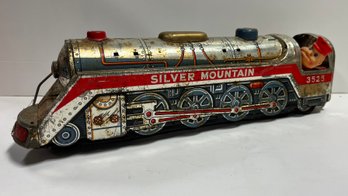 Vintage Silver Mountain Toy Tin Train And Conductor