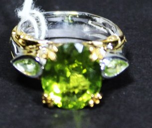 Fine Sterling Silver Cocktail Ring Having Large Peridot Gemstone Size 6