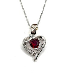 Italian Sterling Silver Chain With Ruby Red Color And Clear Stones Heart Pendant