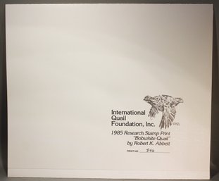 US STAMP AND SIGNED PRINT 1985 RESEARCH STAMP PRINT 'bOBWHITE QUAIL' BY ROBERT K ABBETT