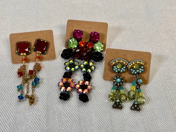 3 Pair Colorful Dangle Pierced Earrings - Rhinestone, Beading, Intricate