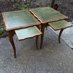 Pair Of Vintage Wood End Tables With Leather Tops And Pull Out Drink Trays