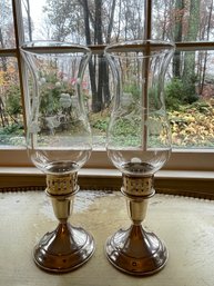 Pair Of Weighted Sterling And Glass Candle Holders.10.5' Tall