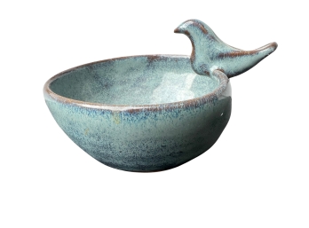 Small Hand-thrown Ceramic Bowl With Bird Accent And Beautiful Blue Glazing