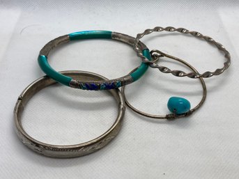 Grouping Of 4 Bangle Bracelets- Chinese Cloisonne And Serpentine, Turquoise