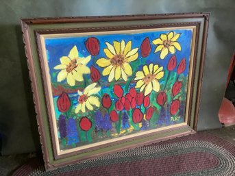 HUGE Framed Yellow And Red Floral Oil On Board