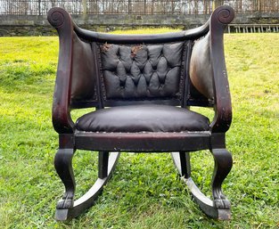 A Magnificent 19th Century Carved Mahogany Club Rocking Chair - Distressed Leather Upholstery