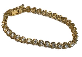 Gold Over Sterling Silver Heart Shaped Link Bracelet W White Stones 7' Long