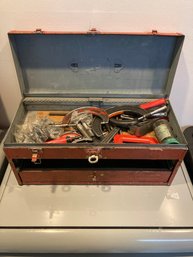 Vintage Red Metal Tool Box With Some Tools