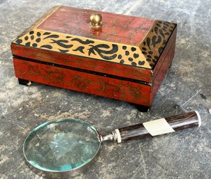 An Antique Bone Handled Magnifying Glass And Jewelry Box