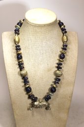 Vintage Ethnographic Lapis Stone Necklace Silver Plated Mounts