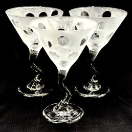 Vintage Trio Of Frosted Clear Polka Dot Bent Stem Martini Glasses