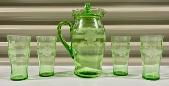 Depression Glass Etched Pitcher And Glasses