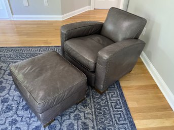 ($6,520 Retail) Restoration Hardware Library Classic Italian Birkshire Leather Chair And Ottoman In Pewter