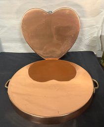 Large Copper & Tin Hanging Heart Mold & Big Round Copper Serving Plate With 2 Handles Both Made In Korea.FL/E2