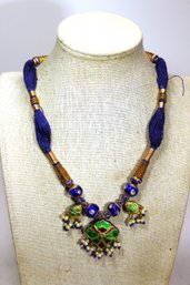 Indian Vintage Silver Plated Copper Enamel Necklace On Silk Threads