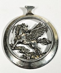 Vintage 1980s Sterling Silver Pendant Medallion Of Pegasus